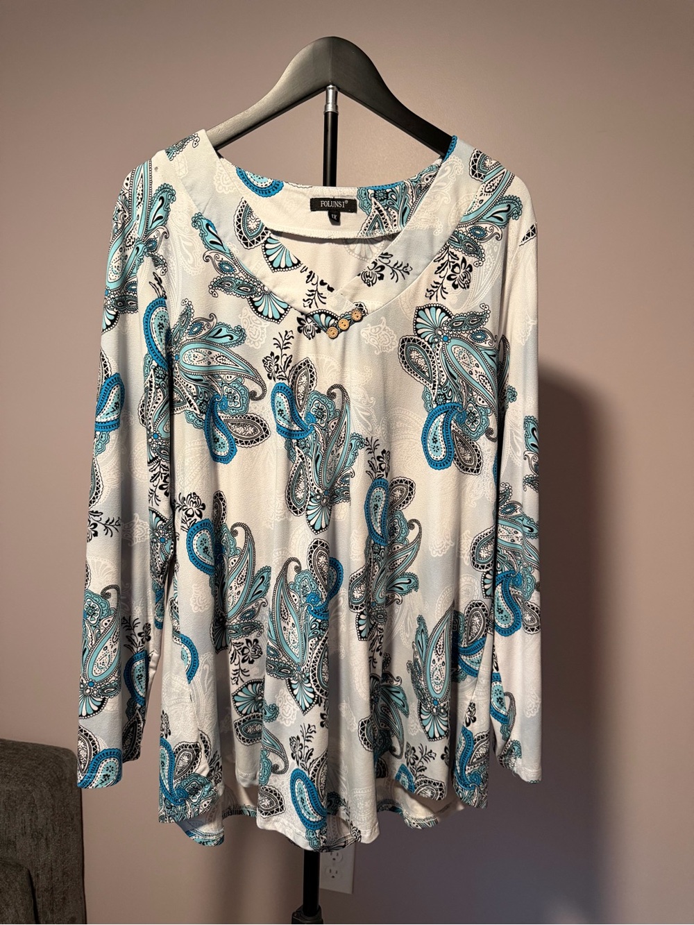 White Paisley Long-Sleeve Top with Teal Accents